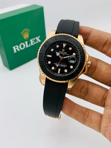 Rolex Yacht-Master Inspired Men’s Watch – Gold Dial, Rubber Strap & Steel Bezel